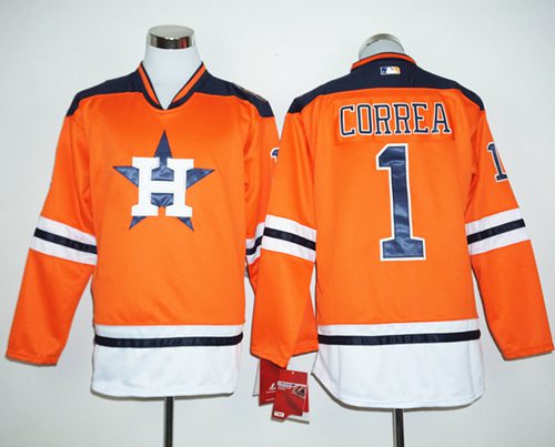 Astros #1 Carlos Correa Orange Long Sleeve Stitched MLB Jersey - Click Image to Close